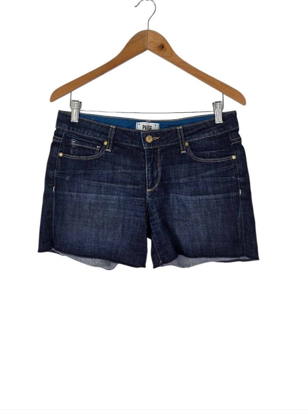 Paige Jimmy Jimmy Raw Hem Dark Blue Denim Low Rise Jean Shorts Revolve Size 27